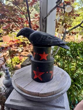 Vintage Halloween Papier Mache Crow Mounted on Stacking Boxes 16" Prim Raven